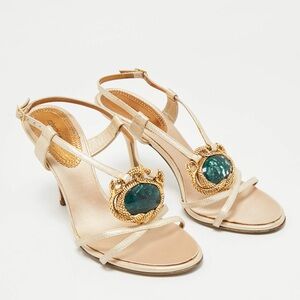 Roberto Cavalli Beige Leather Crystals Embellished Ankle Strap Sandals
